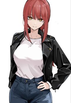 black_jacket breasts chainsaw_man denim hair_between_eyes highres jacket jeans large_breasts long_hair looking_at_viewer makima_(chainsaw_man) mame1645 orange_eyes pants red_hair simple_background white_background