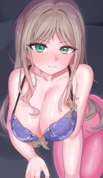 1girl @_@ absurdres all_fours armpit_crease bang_dream! bang_dream!_it's_mygo!!!!! bare_arms bare_shoulders blurry blush bra breasts brown_hair cleavage clenched_teeth collarbone commentary_request cowboy_shot depth_of_field floral_print green_eyes grey_background highres indoors large_breasts long_hair looking_at_viewer nagasaki_soyo nose_blush pantyhose parted_bangs parted_lips pink_pantyhose print_bra purple_bra saetusum sidelocks solo standing teeth two-tone_bra underwear v-shaped_eyebrows very_long_hair white_bra