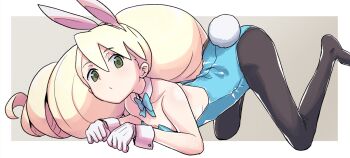 1girl animal_ears asuna_(blue_archive) asuna_(blue_archive)_(cosplay) asuna_(bunny)_(blue_archive) black_pantyhose blonde_hair blue_archive blue_bow blue_bowtie blue_leotard bow bowtie commentary_request cosplay drill_hair fake_animal_ears fake_tail gloves green_eyes heriyama leotard long_hair looking_at_viewer luna_platz_(mega_man) mega_man_(series) mega_man_star_force_(series) pantyhose playboy_bunny rabbit_ears rabbit_tail simple_background tail twin_drills very_long_hair white_gloves