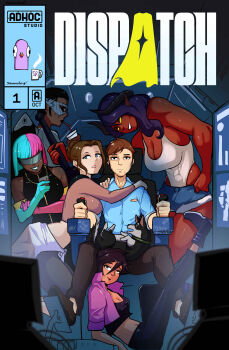 1boy 5girls absurdres asymmetrical_clothes asymmetrical_hair beef_(dispatch) breasts brown_hair cleavage cockpit colored_skin controller cup dark-skinned_female dark_skin demon_girl demon_horns dispatch disposable_cup dog drinking_straw english_text face_piercing facial_hair foot_pedal highres holding holding_controller holding_cup horns invisigal_(dispatch) joystick large_breasts malevola_(dispatch) mandy_(dispatch) multicolored_hair multiple_girls nose_piercing nose_ring piercing pointy_ears prism_(dispatch) profanity red_skin robert_robertson sonar_(dispatch) stormriderqv