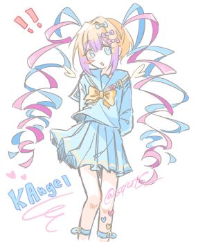 ! !! 1girl arms_behind_back blue_eyes blue_sailor_collar blue_serafuku blue_shirt blue_skirt blush_stickers bow bowtie calf_strap chouzetsusaikawa_tenshi-chan feet_out_of_frame hair_bow hashtag-only_commentary highres long_hair long_sleeves looking_at_viewer miniskirt multicolored_hair multiple_hair_bows needy_girl_overdose pleated_skirt quad_tails sailor_collar sailor_shirt school_uniform serafuku shirt sidelocks simple_background single_blush_sticker skirt solo squ15 very_long_hair white_background yellow_bow yellow_bowtie