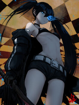 1girl absurdres belt bikini bikini_top_only black_bra black_choker black_coat black_gloves black_hair black_rock_shooter black_rock_shooter_(character) black_shorts blue_eyes bra breasts checkered_background choker closed_mouth coat commentary_request cowboy_shot flaming_eye from_below gloves hair_between_eyes highres holding holding_sword holding_weapon hylran0427 jacket long_hair looking_at_viewer midriff navel off-shoulder_jacket off_shoulder open_clothes open_coat open_jacket shadow short_shorts shorts small_breasts solo standing stomach swimsuit sword twintails underwear very_long_hair watermark weapon white_belt