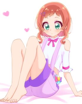 1girl absurdres aqua_eyes arm_support bare_shoulders barefoot blush buttons closed_mouth clothing_cutout commentary cropped_shirt dot_nose feet foot_focus frilled_shirt frilled_sleeves frills full_body hair_ornament hairclip heart heart_hair_ornament highres inukai_iroha knees_up looking_at_viewer midriff neck_ribbon on_floor orange_hair pact_holder pink_ribbon pouch precure purple_shorts ribbon shirt short_hair_with_long_locks short_sleeves shorts shoulder_cutout simple_background sitting solo sugimura_mickey suspender_shorts suspenders tiptoes toenails toes white_background white_shirt wonderful_pact wonderful_precure!
