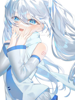 Rule 34 | 1girl, absurdres, arm tattoo, blue eyes, blue necktie, blue trim, commentary request, detached sleeves, hair between eyes, hair ornament, hatsune miku, headphones, hidzuchi 18, highres, long hair, long sleeves, looking at viewer, necktie, number tattoo, official alternate costume, open mouth, pleated skirt, scarf, shirt, simple background, skirt, sleeveless, sleeveless shirt, smile, snowflake print, solo, tattoo, twintails, very long hair, vocaloid, white background, white hair, white scarf, white shirt, white skirt, wide sleeves, yuki miku, yuki miku (2011)