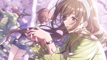 Rule 34 | 3girls, alstroemeria (idolmaster), arms up, bag, belt, braid, brown eyes, brown hair, buttons, cherry blossoms, earrings, from behind, game cg, grass, green shirt, hairband, handbag, hood, hoodie, idolmaster, idolmaster shiny colors, idolmaster shiny colors song for prism, jewelry, kuwayama chiyuki, leaning forward, multiple girls, nail polish, official art, open mouth, osaki amana, osaki tenka, petals, red hair, ring, shirt, shoe soles, skirt, watch, wristwatch