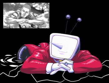 Rule 34 | 1boy, ant tenna, ass, black background, black pants, comic panel redraw, deltarune, derivative work, formal clothes, gloves, golden kamuy, highres, long nose, long sleeves, male focus, necktie, object head, pants, pointy nose, rabbit ears antenna, red suit, reference inset, shiraishi yoshitake, suit, tailcoat, utdr (toby fox), white gloves, yellow necktie, yuzacu