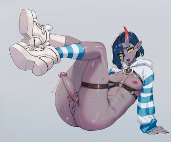 1girl absurdres arm_support ass asymmetrical_legwear black_nails blue_hair blue_shrug blue_socks bob_cut breasts chest_harness colored_skin commentary_request cum cumdrip eyelashes futanari grey_background grey_skin hair_between_eyes harness highres hooded_shrug horns jeffr legs_up looking_at_viewer medium_breasts mismatched_legwear nipples no_testicles o-ring o-ring_harness original penis pointy_ears pussy pussy_juice red_horns sharp_teeth shoes short_hair shrug_(clothing) simple_background single_horn skindentation sneakers socks solo striped_clothes striped_shrug striped_socks sweat teeth thigh_strap tongue tongue_out uncensored upper_teeth_only white_shoes white_shrug white_socks yellow_eyes