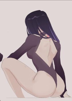 Rule 34 | 1girl, ass, ass focus, back, breasts, bridal gauntlets, brown background, bucumberr, clothing cutout, commentary, diamond (shape), diamond cutout, english commentary, from behind, genshin impact, hair over shoulder, huge ass, knee up, lingerie, long hair, medium breasts, mitsudomoe (shape), multicolored hair, neck tattoo, purple hair, raiden shogun, shoulder cutout, sitting, solo, streaked hair, tattoo, thick thighs, thighs, tomoe (symbol), underwear, upper body