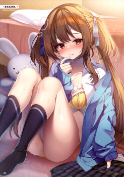 1girl absurdres artist_name bed black_skirt black_socks blue_cardigan blue_ribbon blush bra brown_hair cardigan closed_mouth collarbone collared_shirt dengeki_moeoh embarrassed finger_to_mouth frilled_bra frills hair_ribbon heart highres indoors kneehighs knees_up long_hair looking_at_viewer magazine_scan matatabi_maru nose_blush on_floor open_cardigan open_clothes open_shirt original page_number panties plaid_clothes plaid_skirt pleated_skirt ribbon scan school_uniform shiny_skin shirt sidelocks sitting skirt socks solo stuffed_animal stuffed_rabbit stuffed_toy sweat sweatdrop third-party_source twintails two_side_up underwear unworn_skirt white_shirt yellow_bra yellow_panties