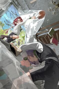 1boy 1girl absurdres ball black_shorts black_socks black_vest book boots bow bowtie broken_glass broken_window brown_boots chair chandelier child classroom closed_eyes curtain_grab curtains desk from_above glass glass_shards green_bow green_bowtie highres holding indoors jumping legwear_garter long_hair long_sleeves looking_down low_ponytail mau_sakura necktie open_mouth original parted_lips people ponytail purple_hair red_hair rugby_ball school_uniform shirt short_hair shorts sky socks standing teeth through_window tree vest white_shirt window yellow_eyes