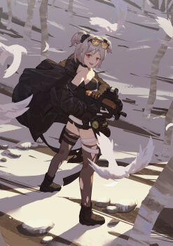 1girl absurdres ammunition bad_id bad_pixiv_id bare_shoulders bird black_coat black_footwear black_gloves black_thighhighs blush breasts bullet bullpup cirilla_lin coat double_bun eyewear_on_head female_focus fn_5.7x28mm gas_mask girls&#039;_frontline gloves gun hair_bun hair_ornament highres holding horizontal_magazine jacket looking_at_viewer mask medium_breasts p90 p90_(girls&#039;_frontline) pdw_cartridge personal_defense_weapon pouch red_eyes scenery scope see-through_clothes short_hair silver_hair smile snow solo standing submachine_gun sunglasses sunglasses_on_head thigh_pouch thigh_strap thighhighs tinted_eyewear torn_clothes torn_thighhighs translucent tree trigger trigger_discipline twisted_torso weapon