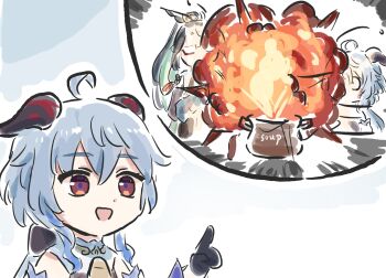 2girls ahoge black_gloves blue_hair detached_sleeves explosion ganyu_(genshin_impact) genshin_impact gloves goat_horns hand_up highres horns long_sleeves multiple_girls open_mouth simple_background smile spoken_character white_background xianyun_(genshin_impact) xinzoruo