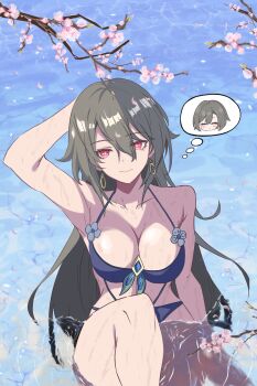 1girl bikini blue_bikini breasts cherry_blossoms chinese_commentary commentary_request earrings grey_hair highres honkai_(series) honkai_impact_3rd jewelry large_breasts long_hair looking_at_viewer partially_submerged purple_eyes qingxu_xiao_dai_ovo smile solo spoken_expression swimsuit very_long_hair vita_(honkai_impact) water