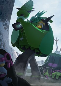 bird club club_(weapon) commentary defeat fangs fezandipiti flyaspring4 highres holding holding_club holding_weapon mask munkidori nintendo no_humans ogerpon ogerpon_(teal_mask) okidogi open_mouth outdoors pokemon pokemon_(creature) spiked_club standing star-shaped_pupils star_(symbol) symbol-shaped_pupils teeth tongue weapon yellow_eyes