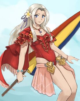 1girl armpits bare_legs breasts casual_one-piece_swimsuit cleavage commentary edelgard_von_hresvelg edelgard_von_hresvelg_(summer) english_commentary expressionless fire_emblem fire_emblem:_three_houses fire_emblem_heroes frilled_one-piece_swimsuit frills hair_ribbon highres kaphrin long_hair medium_breasts nintendo official_alternate_costume one-piece_swimsuit purple_eyes red_one-piece_swimsuit ribbon see-through_clothes see-through_skirt showgirl_skirt sideboob single-shoulder_one-piece_swimsuit skirt swimsuit