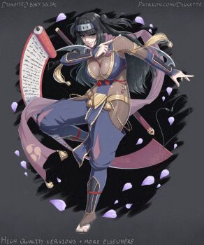 1girl artist_name black_background black_hair blunt_bangs bodystocking breasts censored censored_feet cleavage commentary diskette english_commentary english_text fire_emblem fire_emblem_awakening fire_emblem_heroes fishnet_bodystocking fishnets floating_hair forehead_protector full_body highres japanese_clothes large_breasts long_hair looking_at_viewer mosaic_censoring ninja nintendo official_alternate_costume petals sandals scroll shaded_face simple_background smile solo tharja_(fire_emblem) tharja_(ninja)_(fire_emblem) two_side_up