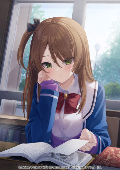 1girl artist_name blue_jacket blush book bow breasts brown_hair green_eyes hair_between_eyes hair_ribbon hand_on_own_cheek hand_on_own_face highres indoors jacket jimmy_madomagi long_hair long_sleeves looking_at_viewer official_art open_book ribbon shirt solo white_shirt window world_dai_star yorozu_iruru