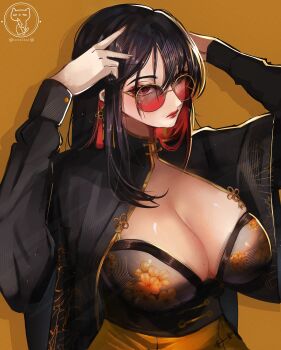1girl absurdres ahoge black_hair breasts cleavage colored_inner_hair commentary earrings english_commentary glasses goddess_of_victory:_nikke highres jewelry large_breasts long_hair long_sleeves looking_at_viewer moran_(nikke) multicolored_hair open_mouth red_eyes red_hair round_eyewear shiszukaa sidelocks solo