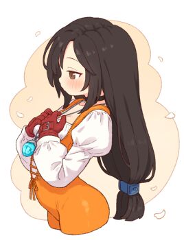 Rule 34 | 1girl, black choker, black hair, blush, bodysuit, breasts, brown eyes, choker, cleavage, collarbone, commentary request, cropped legs, final fantasy, final fantasy ix, from side, garnet til alexandros xvii, gloves, juliet sleeves, long hair, long sleeves, medium breasts, onyhakase, orange bodysuit, parted bangs, profile, puffy sleeves, red gloves, shirt, solo, very long hair, white shirt