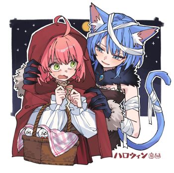 2girls ahoge animal_ears bandaged_arm bandaged_head bandages basket black_fur black_gloves blue_eyes blue_gemstone blue_hair blue_tail blush bow brown_dress dress fanged_bangs fangs fur_wrist_cuffs gem gloves green_eyes halloween highres holding holding_basket hololive horns hoshimachi_suisei long_hair long_sleeves looking_at_another medium_hair multiple_girls open_mouth pink_hair red_bow red_horns red_skirt sakura_miko shirt skirt sky smile star_(sky) starry_sky striped_bow sweat tail tsukino_(nakajimaseiki) virtual_youtuber white_background white_shirt wide-eyed wolf_ears wolf_girl wolf_tail wrist_cuffs yellow_bow