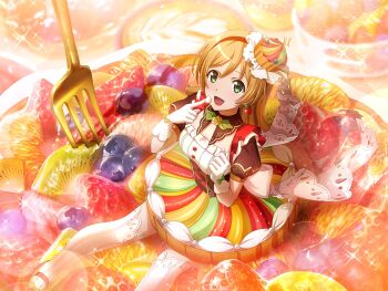 1girl brown_hair daiba_nana dress earrings food food-themed_clothes food-themed_earrings food-themed_hat food_themed_earrings fork fruit_tart game_cg gloves hair_down jewelry looking_at_viewer medium_hair multicolored_dress official_art on_food open_mouth oversized_food oversized_object shoujo_kageki_revue_starlight shoujo_kageki_revue_starlight_-re_live- sitting_on_food solo strawberry_earrings tart_(food) thighhighs tilted_headwear white_gloves white_thighhighs