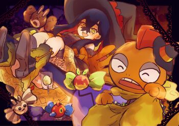 1girl :d absurdres alternate_costume applin black_boots black_border black_dress black_hair black_hat boots border candy carmine_(pokemon) character-themed_food commentary_request crossed_bangs dress food frilled_dress frills full_body furret gen_2_pokemon gen_4_pokemon gen_5_pokemon gen_8_pokemon gloves hair_between_eyes hat highres leg_warmers lollipop long_hair looking_at_viewer mole mole_under_eye multicolored_hair nintendo open_mouth orange_gloves pokemon pokemon_(creature) pokemon_sv porygon-z red_background red_hair scrafty sentret simple_background sitting smile tacho_baby two-tone_hair witch_hat wrapped_candy yellow_eyes yellow_leg_warmers