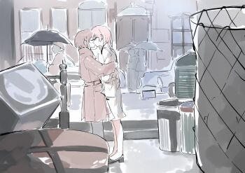 2girls 3others bang_dream! bang_dream!_it's_mygo!!!!! black_shoes brown_coat chihaya_anon closed_eyes coat commentary_request grey_hair hand_on_another's_back highres kiss long_hair multiple_girls multiple_others outdoors pink_hair shoes short_hair suudori takamatsu_tomori trash_can white_coat yuri