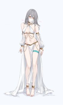 1girl absurdres alternate_costume barefoot breasts commentary duplicate english_commentary feet feint721 grey_hair harem_outfit highres honkai:_star_rail honkai_(series) looking_at_viewer looking_to_the_side medium_breasts medium_hair mouth_veil navel pelvic_curtain pixel-perfect_duplicate simple_background solo stelle_(honkai:_star_rail) stomach thigh_strap toes trailblazer_(honkai:_star_rail) veil white_background yellow_eyes