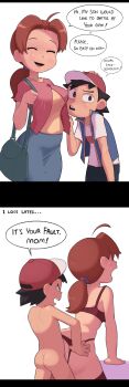 1boy 1girl absurdres age_difference ash_ketchum baseball_cap before_and_after bra closed_eyes clothing_aside delia_ketchum english_text garter_belt garter_straps hat hetero highres incest instant_loss mature_female mother_and_son nintendo panties panties_aside pokemon pokemon_(anime) pokemon_(classic_anime) ponytail red_bra red_panties sex sex_from_behind shota speech_bubble ta777371 underwear