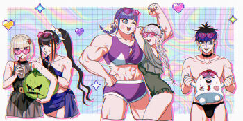 1boy 4girls ^_^ arm_hug black_choker black_eyes black_gloves black_hair black_hairband blonde_hair blue_hair border bow bowtie braid bright_pupils choker closed_eyes commentary_request cup disposable_cup drinking drinking_straw drop_shadow earrings eye_print eyepatch eyewear_on_head face_piercing facial_mark fingerless_gloves food_print gloves green_one-piece_swimsuit grey_eyes grey_hair hair_ornament hairband hat heart heart-shaped_eyewear highres holding holding_mask ice_cream_print jewelry kirifuji_nozomi labret_piercing long_hair magadori_kyoshika mask mihen mojiro_moko multicolored_hair multiple_girls nigou_(hundred_line) omokage_yugamu one-piece_swimsuit one_eye_closed oosuzuki_kurara piercing ponytail print_eyepatch purple_hair red_bow red_bowtie red_hat short_hair smile sunglasses sweat swimsuit teeth the_hundred_line_-last_defense_academy- unworn_mask upper_teeth_only white_border white_pupils