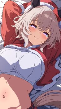 96dai_0313 absurdres animal_ears breasts christmas closed_mouth commentary_request curren_chan_(umamusume) ear_covers grey_hair hat highres horse_ears horse_girl horse_tail large_breasts looking_at_viewer lying navel on_back open_mouth purple_eyers red_hat santa_costume santa_hat short_hair smile stomach tail umamusume