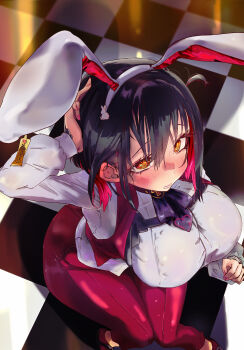 1girl absurdres animal_ears black_hair breasts closed_mouth colored_inner_hair commentary_request fake_animal_ears goddess_of_victory:_nikke highres juju_(poipoipui) large_breasts medium_hair multicolored_hair nail_polish official_alternate_costume pants pink_nails pink_vest purple_pants rabbit_ears red_hair rouge_(nikke) rouge_(unlucky_rabbit)_(nikke) shirt solo vest white_shirt yellow_eyes