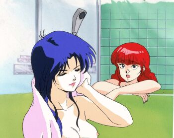 Rule 34 | 1980s (style), 2girls, amano kazumi, breasts, cel, closed eyes, closed mouth, jung freud, lipstick, makeup, multiple girls, nipples, nude, oldschool, open mouth, purple hair, red hair, shower (place), shower head, showering, talking, top wo nerae!, top wo nerae! (series), washing hair