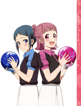 2girls :d absurdres anime_coloring artist_name back-to-back ball black_shirt blue_eyes blue_hair blue_shirt blunt_bangs blush bowling_ball closed_mouth collared_shirt copyright_name copyright_notice cowboy_shot fang gloves godai_rina half_updo hands_up highres holding holding_ball looking_at_viewer looking_to_the_side magazine_scan matching_outfits medium_hair megami_magazine megami_magazine_deluxe mole mole_under_eye mole_under_mouth multiple_girls official_art open_mouth otonashi_mai parted_bangs pink_eyes pink_hair pink_shirt scan shirt short_bangs short_hair short_sleeves sidelocks simple_background single_glove smile standing takekawa_airi turkey!_(series) two-tone_shirt white_background