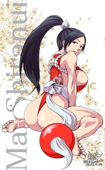 Rule 34 | 1girl, ass, ass focus, bare shoulders, black eyes, black hair, breasts, fatal fury, highres, large breasts, long hair, mimiyama kiichi, ninja, ponytail, shiny skin, shiranui mai, sideboob, sleeveless, the king of fighters, thong, very long hair