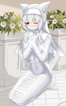 Rule 34 | 1852489, 1girl, absurdres, animal ear headwear, bdsm, bondage, bound, commentary request, covered navel, fake animal ears, full body, gag, gagged, guimpe, highres, latex, long hair, nun, one eye closed, original, own hands together, plant, potted plant, red eyes, seiza, shiny clothes, sitting, skin tight, sleepsack, solo, variant set, white hair