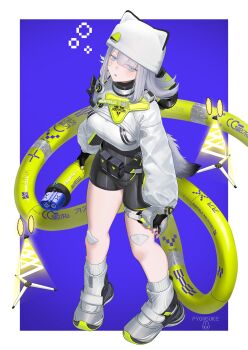 1girl absurdres arknights arknights:_endfield artist_name bandaid bandaid_on_cheek bandaid_on_face bike_shorts black_gloves blue_background blue_eyes border clothes_writing commentary endfield_industries_logo estella_(arknights) fingerless_gloves full_body gameplay_mechanics gauze gauze_on_knee gloves grey_hair grey_shoes grey_socks grey_tail hat highres holding jacket long_sleeves looking_at_viewer medium_hair outside_border parted_lips pouch pyonsuke_(pyon2_mfg) qr_code ribbed_socks shoes socks solo squeans standing tail white_border white_gloves white_hat white_jacket