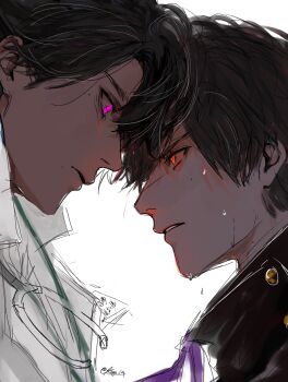 Rule 34 | 2boys, black jacket, brown hair, clenched teeth, commentary request, eye contact, heads together, highres, houjou emu, izu (user tmtu7743), jacket, kamen rider, kamen rider ex-aid (series), lab coat, looking at another, male focus, mole, mole under eye, multiple boys, parad, pink eyes, red eyes, short hair, sketch, stethoscope around neck, teeth, tokusatsu, upper body, white background