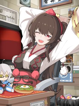 Rule 34 | 1girl, adapted costume, alternate hairstyle, breasts, brown hair, chair, character doll, chinese commentary, commentary request, commission, doll, food, food request, fumo (doll), hat, highres, indoors, japanese clothes, kimono, kourindou tengu costume, long hair, long sleeves, medium breasts, morichika rinnosuke, obi, official alternate costume, on chair, one eye closed, open mouth, pom pom (clothes), ponytail, radio, red eyes, red hat, red sash, resoap, ribbon-trimmed sleeves, ribbon trim, sash, shameimaru aya, sitting, smile, solo, table, teeth, tokin hat, touhou, trash can, upper teeth only, very long hair, white kimono, wide sleeves