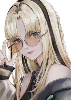 1girl absurdres adjusting_eyewear black_nails blonde_hair braid brown_hair brown_streaks close-up closed_mouth commentary dhbwinner glass green_eyes highres hololive hololive_dev_is koganei_niko long_hair looking_at_viewer multicolored_hair nail_polish orange-tinted_eyewear parted_bangs round_eyewear simple_background solo tinted_eyewear two-tone_hair upper_body virtual_youtuber white_background