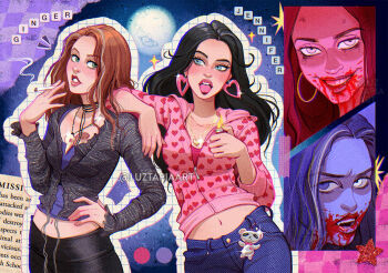 2girls artist_name black_hair black_pants blood blood_from_mouth blood_on_face blue_eyes blue_pants blush brown_hair crossover earrings ginger_fitzgerald ginger_snaps_(movie) green_eyes grey_shirt hand_on_own_hip heart heart_earrings heart_necklace heart_print holding holding_lighter hood hoodie jennifer&#039;s_body jennifer_check jewelry lighter long_hair luztapiaart midriff multiple_girls navel necklace pants pink_hoodie print_hoodie shirt tongue tongue_out watermark