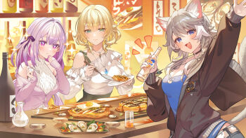 3girls aglaea_(honkai:_star_rail) animal_ear_fluff animal_ears blonde_hair blue_eyes blue_shirt bottle breasts brown_jacket castorice_(honkai:_star_rail) cat_ears cat_girl cat_tail cipher_(honkai:_star_rail) cleavage commentary_request food_in_mouth food_request green_eyes grey_hair guest_art highres holding holding_bottle honkai:_star_rail honkai_(series) indoors jacket large_breasts long_hair multiple_girls noir_eku purple_eyes purple_sweater restaurant shirt short_hair smile sweater tail very_long_hair white_shirt