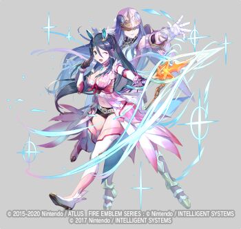 1girl azu-taro belt belt_buckle black_shorts blue_eyes blue_hair boots breasts buckle caeda_(fire_emblem) choker cleavage fire_emblem fire_emblem_heroes full_body gloves grey_background helmet high_heel_boots high_heels large_breasts long_hair midriff navel nintendo official_art one_eye_closed open_mouth oribe_tsubasa polearm ponytail short_shorts shorts sparkle spear thigh_boots thighhighs tokyo_mirage_sessions_fe weapon