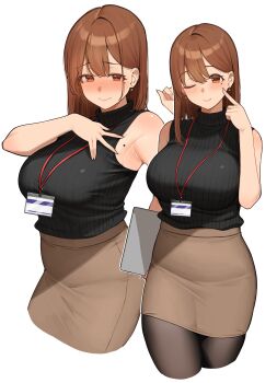 1girl absurdres black_sweater blush breasts brown_eyes brown_hair brown_pantyhose brown_skirt commentary_request highres id_card lanyard large_breasts looking_at_viewer medium_hair mole mole_on_arm mole_on_armpit mole_under_eye office_lady ol-chan_(udon) one_eye_closed original pantyhose pencil_skirt ribbed_sweater simple_background skirt sleeveless sleeveless_sweater sleeveless_turtleneck smile sweater sweater_tucked_in turtleneck udon_(udonalium) white_background