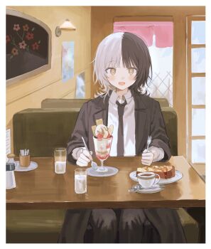 1girl :d a1da_a black_coat black_hair black_necktie black_pants blush booth_seating bright_pupils coat collared_shirt cup dessert diner food glass highres holding_utensil indoors long_sleeves looking_at_viewer medium_hair multicolored_hair necktie open_mouth original pants parfait plate salt_shaker shirt sitting smile solo split-color_hair wall_lamp white_hair white_pupils white_shirt window yellow_eyes