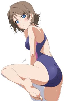 1girl ass barefoot blue_eyes blush breasts brown_hair competition_swimsuit feet highres looking_at_viewer love_live! love_live!_sunshine!! nagi_mkrnpn one-piece_swimsuit poolside purple_one-piece_swimsuit short_hair sideboob signature soles solo swimsuit thighs watanabe_you white_background