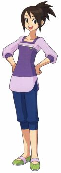 1girl 2008 brown_eyes brown_hair capcom dated full_body hands_on_own_hips highres hope_stelar_(mega_man) long_hair mega_man_(series) mega_man_star_force_(series) official_art open_mouth ponytail scan smile solo white_background