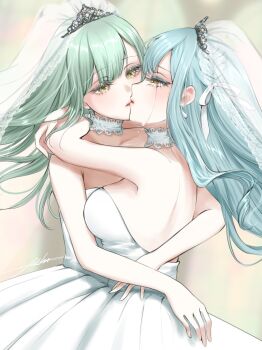 2girls bang_dream! bang_dream!_it&#039;s_mygo!!!!! blue_hair breasts bridal_veil choker commentary dress earrings english_commentary filha green_hair highres hug jewelry kiss large_breasts long_hair multiple_girls strapless strapless_dress togawa_sakiko veil wakaba_mutsumi wedding_dress white_choker wife_and_wife yellow_eyes yuri