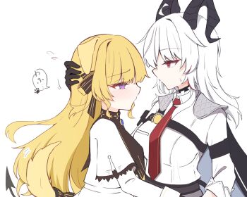 2girls animal_ears black_gloves blonde_hair blush collared_shirt commentary_request demon_horns dog_ears dress flying_sweatdrops gloves hand_on_another's_head highres horns kemonomimi_mode long_hair multiple_girls necktie phoebe_(wuthering_waves) purple_eyes red_eyes red_necktie shirt simple_background speech_bubble sweat translation_request white_background white_dress white_hair white_shirt wuthering_waves yuri zani_(wuthering_waves) zero_3b