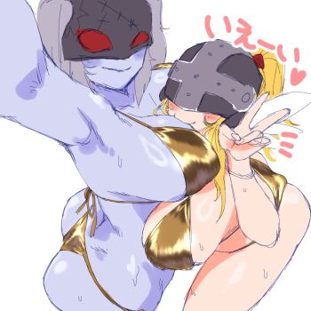Rule 34 | 2girls, angewomon, ass, bikini, blonde hair, blue skin, bracelet, breasts, collarbone, colored skin, covered eyes, curvy, digimon, digimon (creature), digimon adventure, gerusyu, grey hair, hair ornament, head wings, helmet, helmet over eyes, highres, jewelry, ladydevimon, large breasts, mask, multiple girls, ponytail, red eyes, shiny skin, simple background, sweat, swimsuit, thong, thong bikini, twintails, v, white background, wide hips, wings